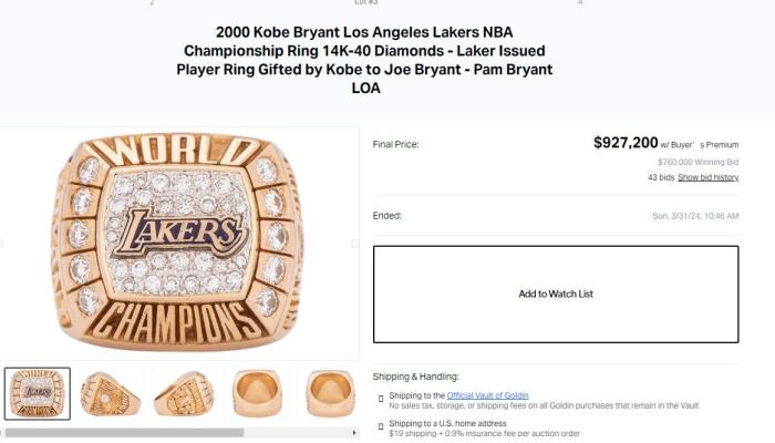 科比首冠同款戒指在戈尔丁拍卖成交约670万元,